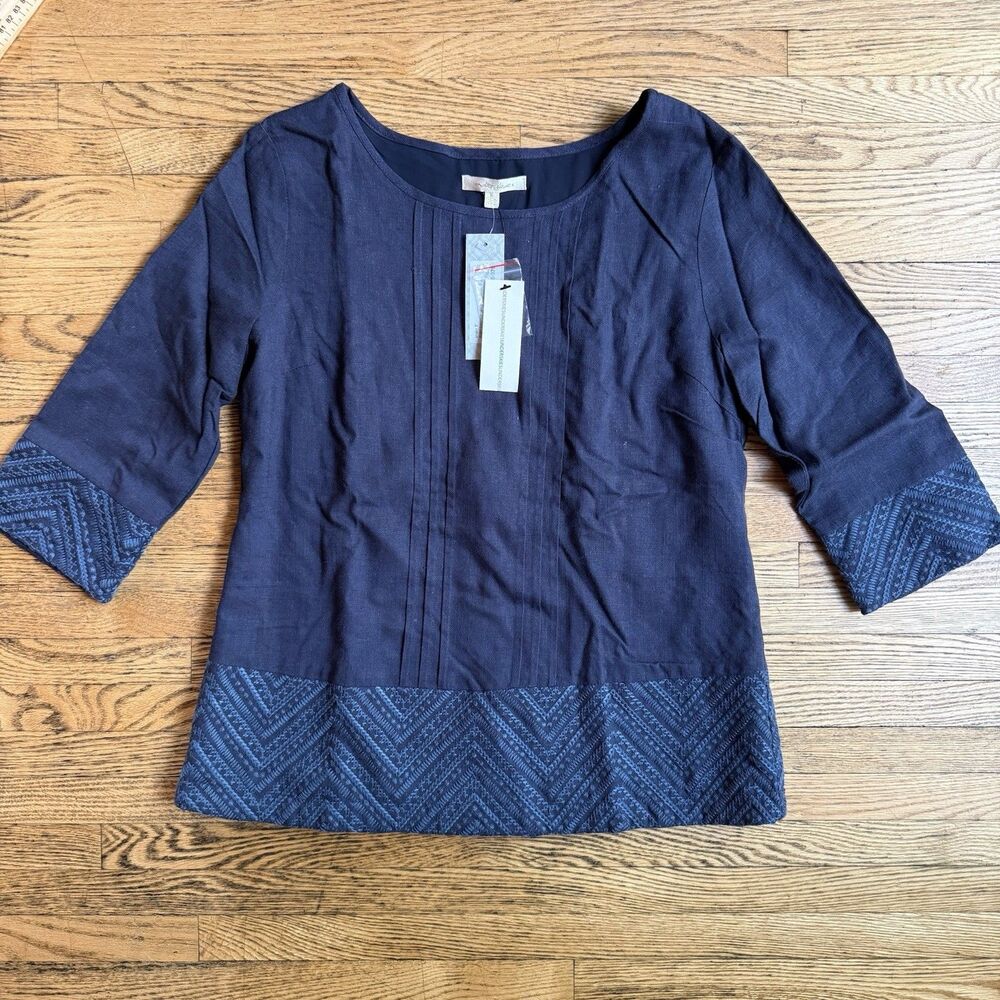 Under Skies Tunic Blouse Top Women’s Small Navy Blue Linen Blend Peasant Cottage